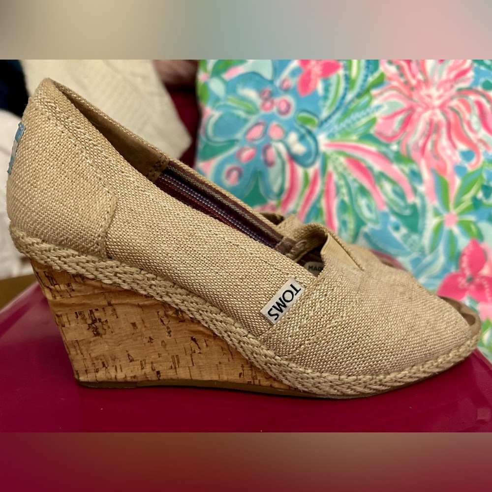 Toms Linen and Cork Espadrille Wedges